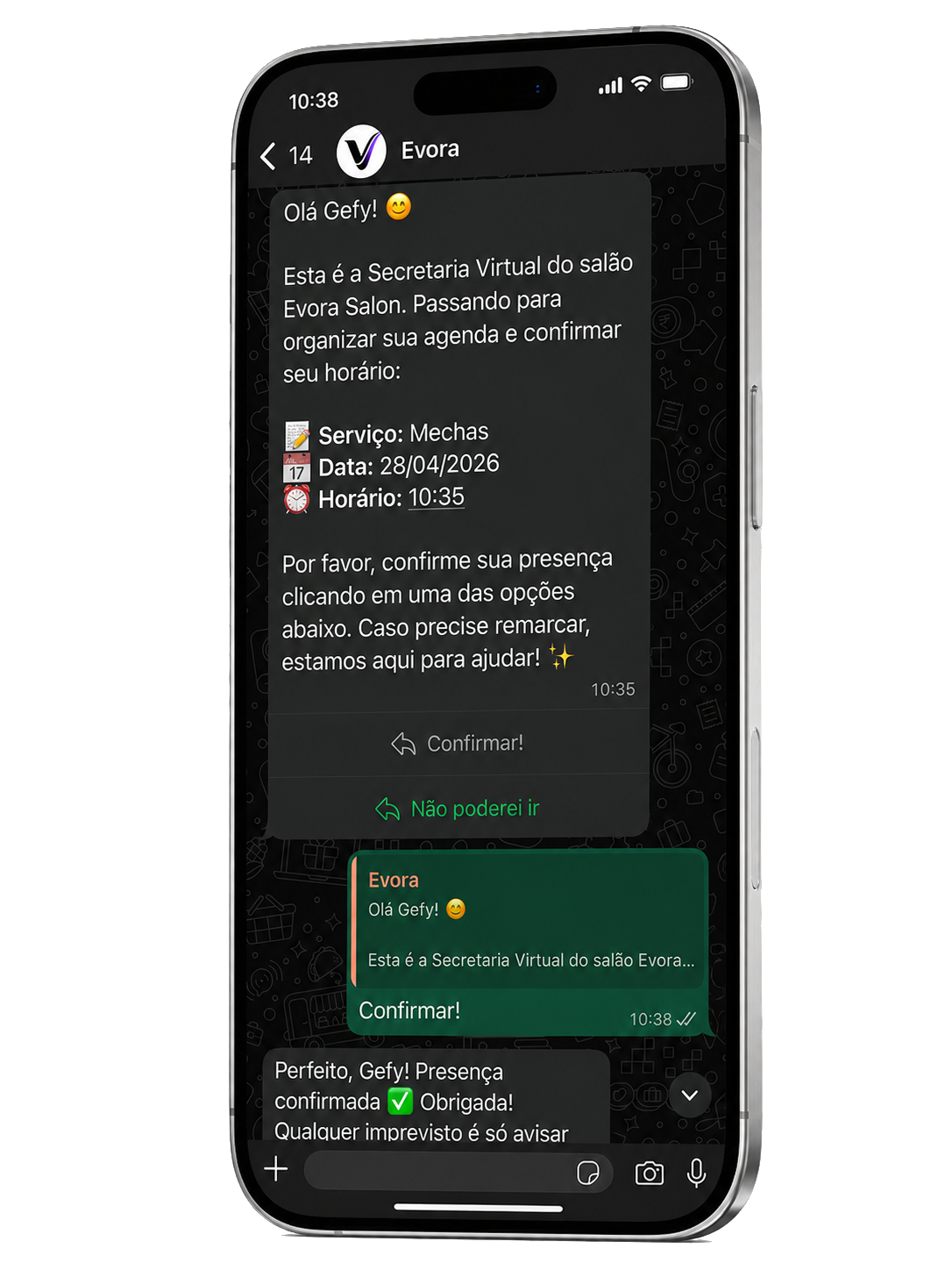 Conversa de confirmação de agendamento no WhatsApp